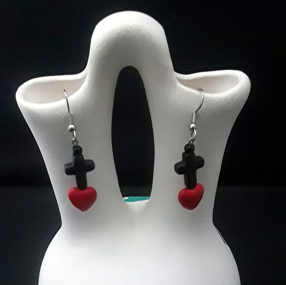Dangling Cross and Heart Stone earrings.